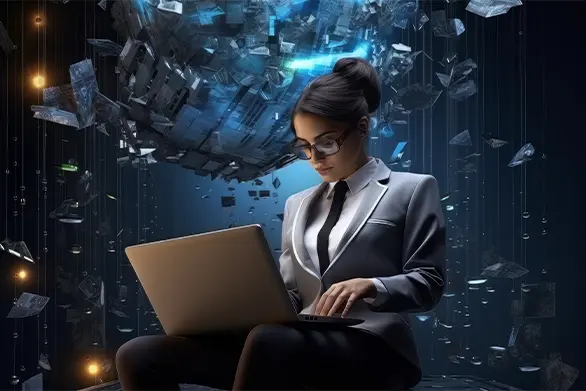 A female engineer working on a laptop with a complex 3D digital infrastructure overlay, representing RadiumSpark’s high-tier technical expertise and specialized engineering talent.