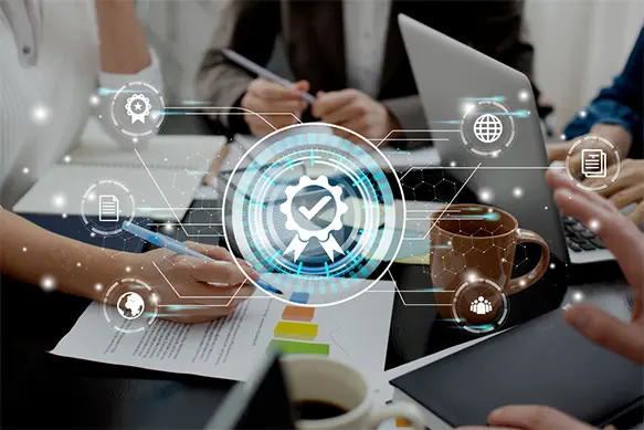 A collaborative business meeting with digital overlays of security shields and compliance icons, representing RadiumSpark’s consultative licensing and vendor governance services.
